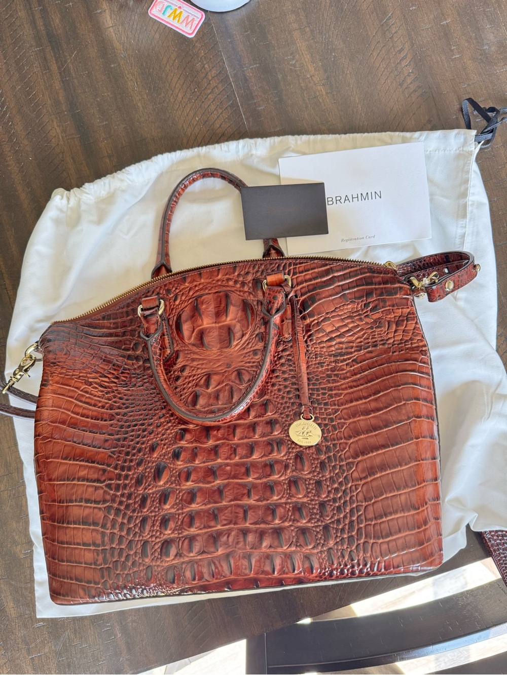Brahmin Large Croc-Embossed Satchel in Whiskey Brown